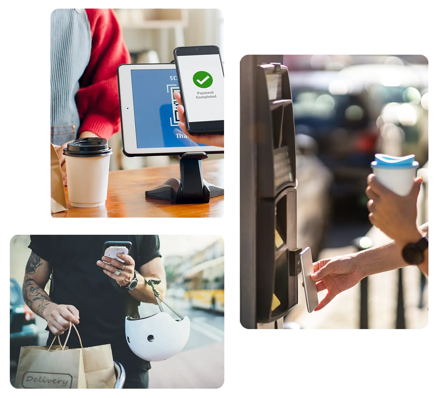 An image collage with a larger image on the right and two smaller images stacked on top of each other to the left. The top-left image shows a person using their smartphone to tap-to-pay on a tablet at a cafe. The bottom-right image displays a person carrying a shopping bag while using their smartphone and walking on a sidewalk. The image to the right depicts a person using their smartphone to tap-to-pay at an outdoor kiosk.